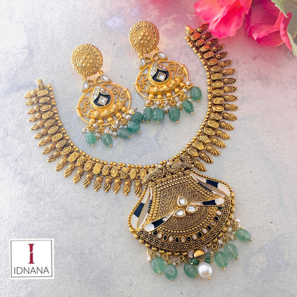 GOLD PLATED BLACK AND WHITE MEENAKARI AVENTURINE PEARL DROP STATEMENT COLLAR NECKLACE SET