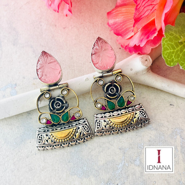 CARVED ROSE QUARTZ PINK GREEN WHITE KUNDAN FLORAL PEACOCK EARRINGS