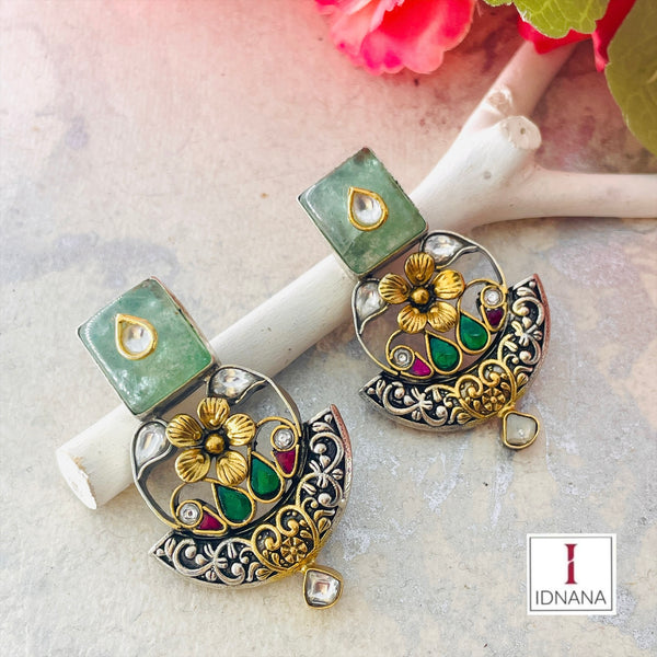 DUAL TONE AVENTURINE INLAY KUNDAN PINK GREEN WHITE KUNDAN FLORAL STUDS