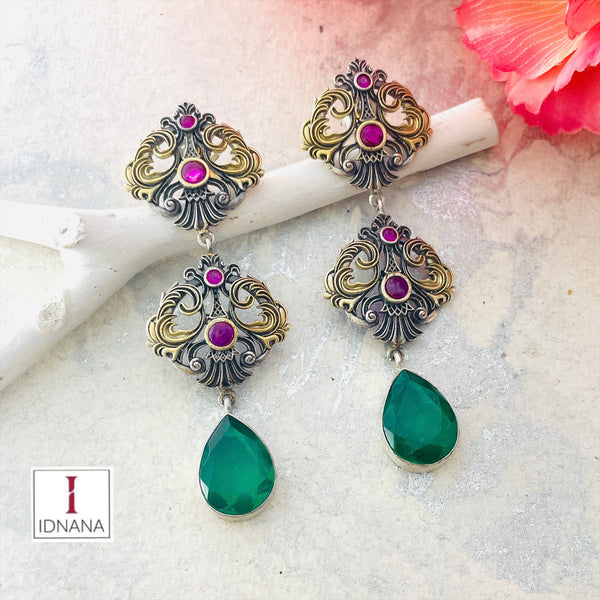 DUAL TONE PINK KEMPE EMERALD DOUBLET DROP FLORAL LONG EARRINGS