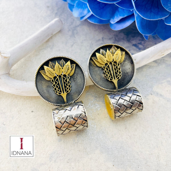DUAL TONE FLORAL AMULET MOTIF STATEMENT STUDS