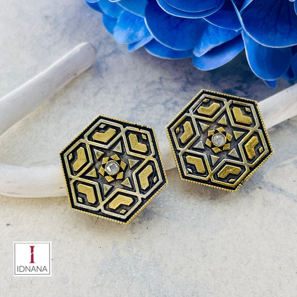 DUAL TONE WHITE KUNDAN FLORAL HEXAGONAL STUDS