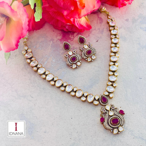 GOLD PLATED RUBY MOISSANITE CZ PEACOCK MOTIF COLLAR NECKLACE SET