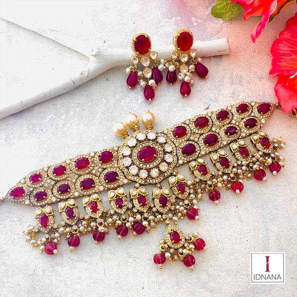 GOLD PLATED RED DOUBLET RED ONYX PEARL DROP MOISSANITE STATEMENT CHOKER SET