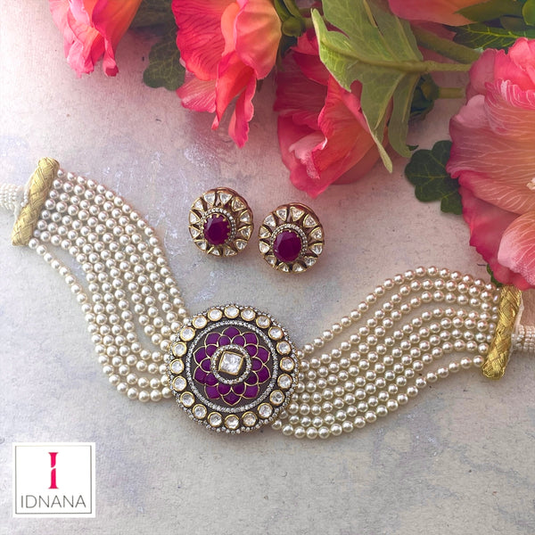 MAGENTA MEENAKARI MOISSANITE FRESH WATER PEARL BEADED MOISSANITE CHOKER SET
