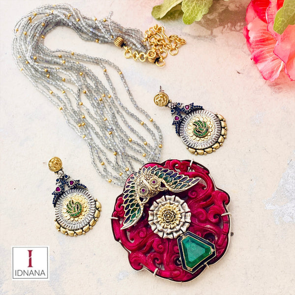 CARVED RED AGATE MARIGOLD MOTIF EMERALD DOUBLET ENAMELLED OWL LABRADORITE BEADED LONG NECKLACE SET