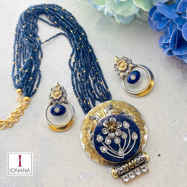 LAPIS LAZULI BEADED DUAL TONE LAPIS LAZULI INLAY KUNDAN BIRD MOTIF WHITE KUNDAN NECKLACE SET