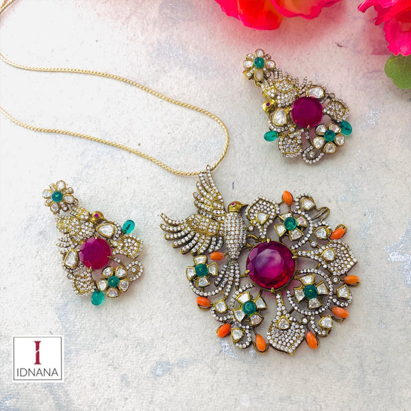 GOLD PLATED CORAL EMERALD RED DOUBLET BIRD MOTIF CUBIC ZIRCONIA LONG MOISSANITE NECKLACE SET