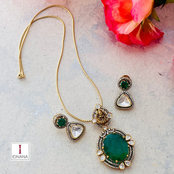 GOLD PLATED LAKSHMI MAA MOTIF EMERALD DOUBLET MOISSANITE CZ LONG NECKLACE SET