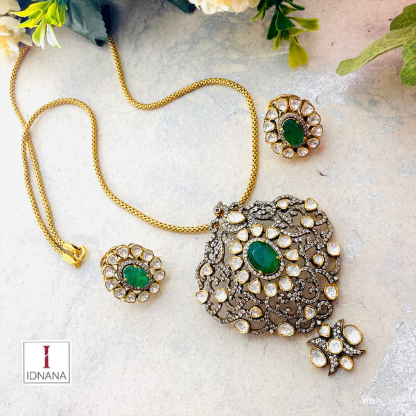 GOLD PLATED EMERALD DOUBLET CUBIC ZIRCONIA MOISSANITE PEACOCK MOTIF LONG NECKLACE SET