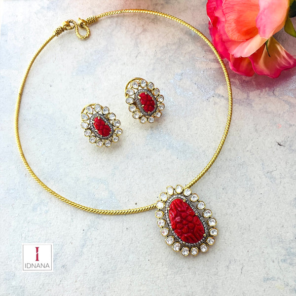 GOLD PLATED CARVED CORAL MOISSANITE HASLI PENDANT EARRINGS SET