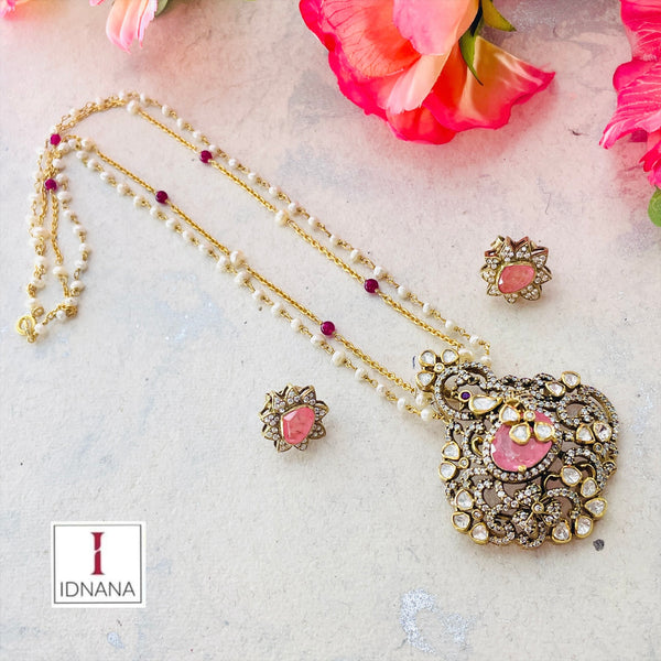 GOLD PLATED MOISSANITE ROSE QUARTZ PEARL AND RED ONYX BEADED LONG NECKLACE SET