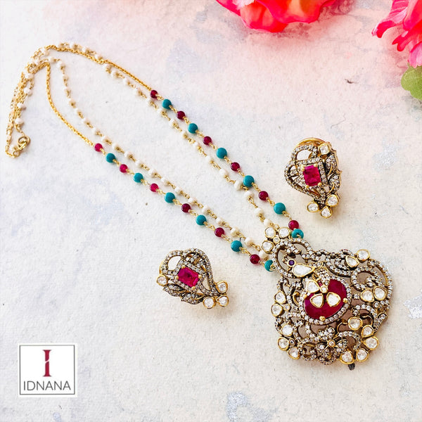 GOLD PLATED RUBY MOISSANITE CZ LONG NECKLACE SET BEADED WITH TURQUOISE RED ONYX AND PEARLS