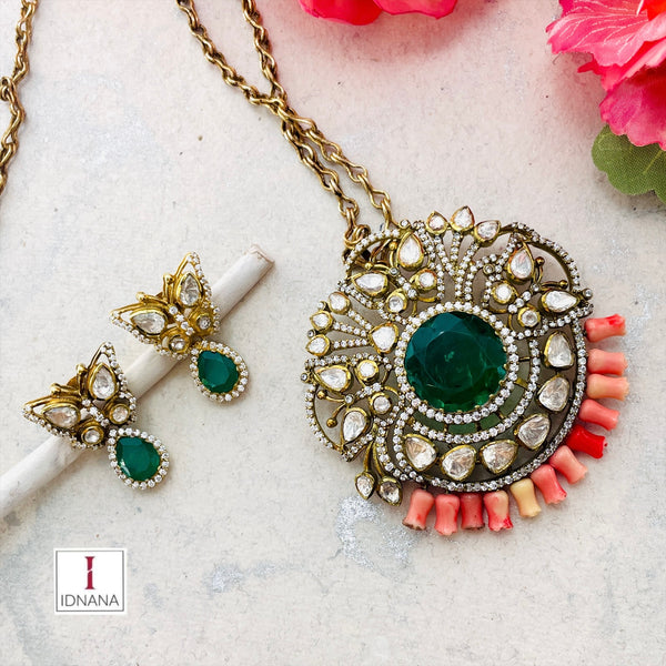 GOLD PLATED EMERALD DOUBLET CORAL CUBIC ZIRCONIA MOISSANITE BUTTERFLY MOTIF LONG NECKLACE SET