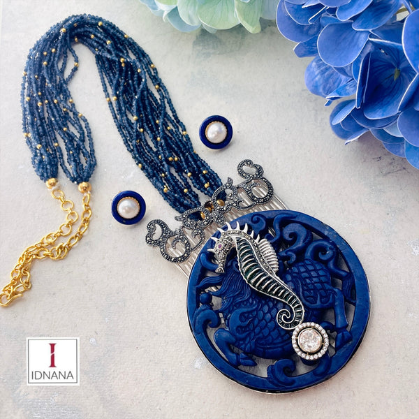 CARVED COBALT BLUE AGATE ENAMELLED SEA HORSE MOTIF MARCASITE MOISSANITE LAPIS LAZULI BEADED LONG NECKLACE WITH LAPIS PEARL STUDS