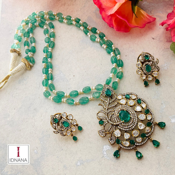 AVENTURINE AND PEARL BEADED GOLD PLATED EMERALD MOISSANITE CZ VINE MOTIF FLORAL LONG NECKLACE SET