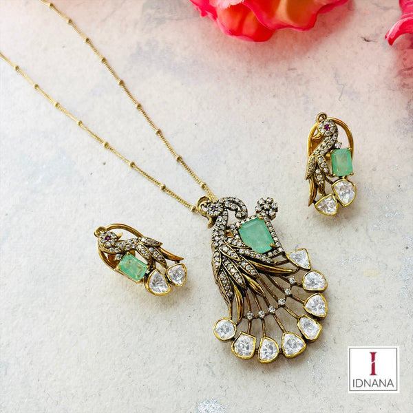 GOLD PLATED PASTEL GREEN QUARTZ MOISSANITE CZ PEACOCK MOTIF LONG NECKLACE SET