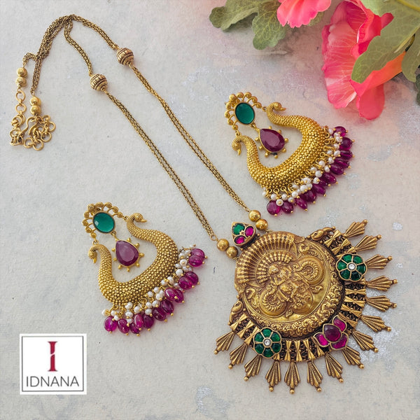 GOLD PLATED GREEN PINK KUNDAN NAGRU LONG CHAIN STATEMENT NECKLACE SET