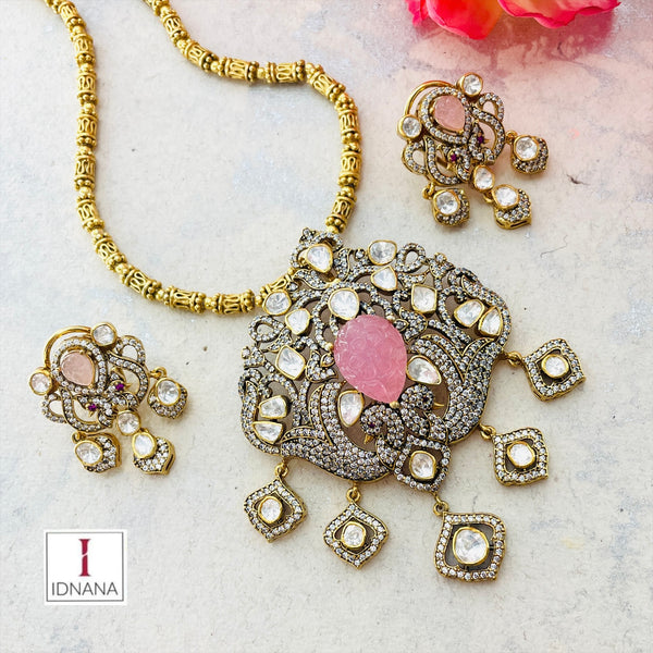 GOLD PLATED CARVED ROSE QUARTZ TWIN PEACOCK MOISSANITE CZ LONG NECKLACE SET