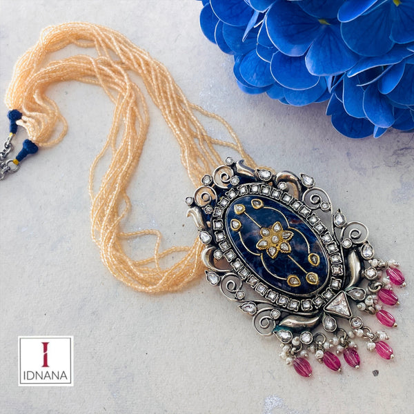 DUAL TONE SODALITE INLAY KUNDAN BEADED LONG NECKLACE