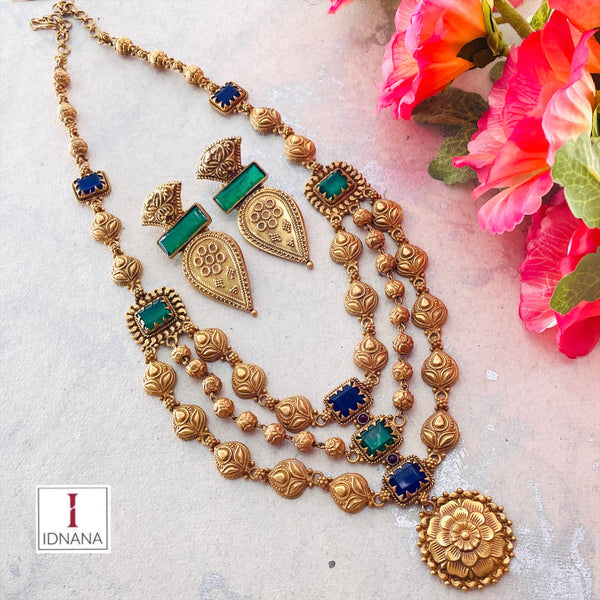 EMERALD DOUBLET BLUE ONYX DOUBLET GOLD PLATED MULTILINE FLORAL STATEMENT NECKLACE SET