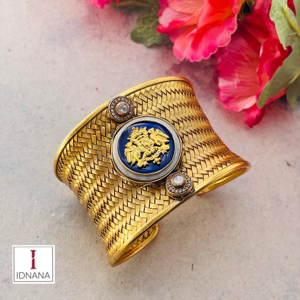 BLUE ENAMELLED MOTHER OF PEARL MOISSANITE GOLD PLATED HANDCUFF