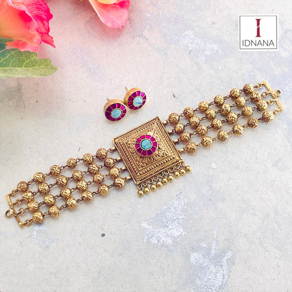 BALL CHAIN BEADED PINK KUNDAN AND TURQUOISE GOLD PLATED CHOKER SET