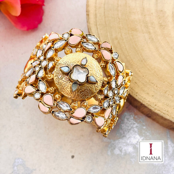 FLORAL DESIGN PEACH AND WHITE KUNDAN GOLD PLATED BANGLE SIZE 2.4 OPENABLE