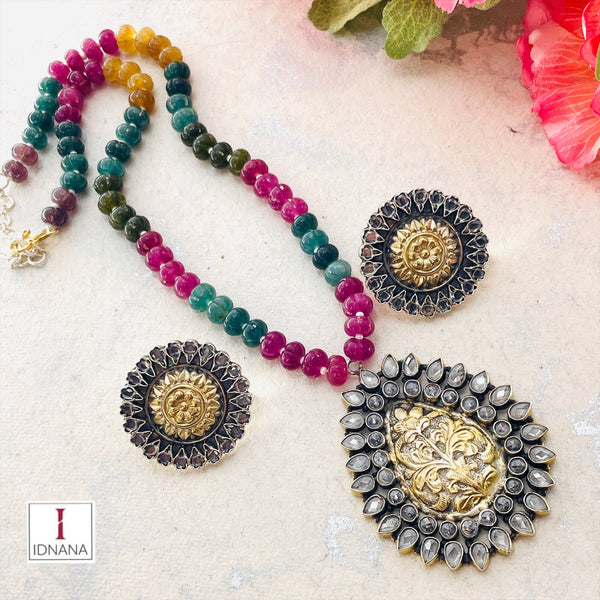 CHITAI DUAL TONE KUNDAN NECKLACE SET BEADED WITH MULTICOLOURED PUMPKIN BEADS