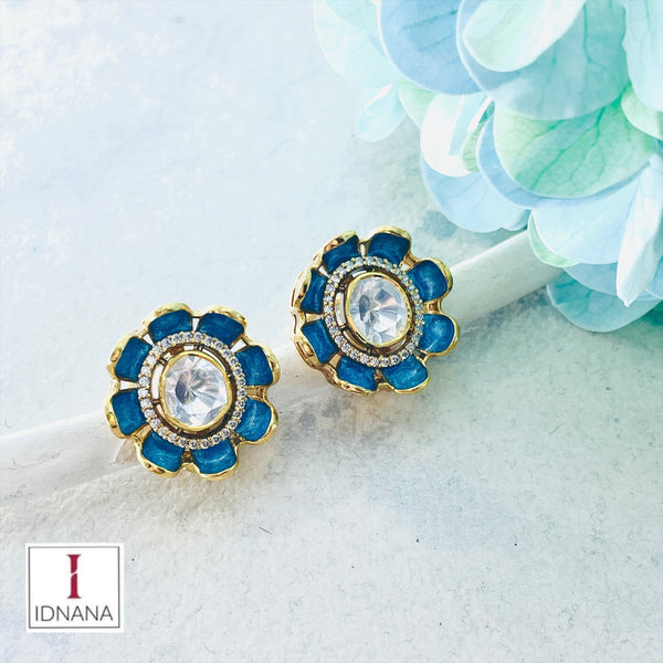 GOLD PLATED BLUE MEENAKARI CUBIC ZIRCONIA MOISSANITE FLORAL STUDS