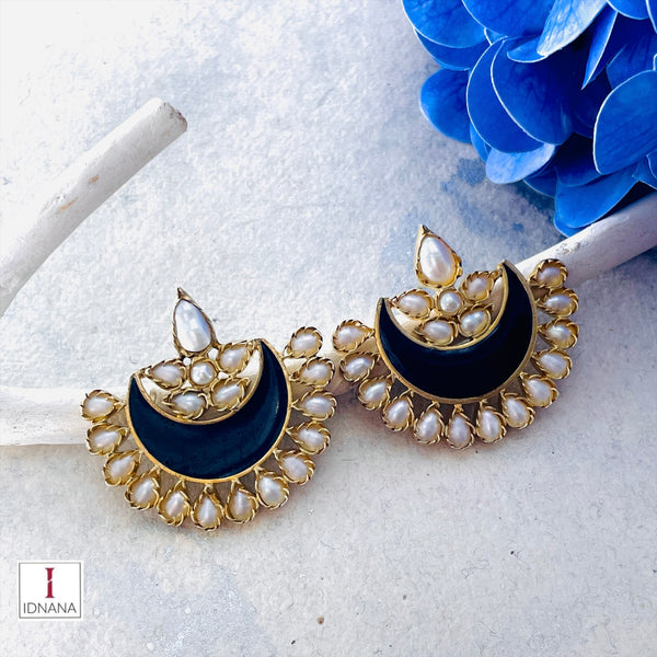 GOLD PLATED BLACK KUNDAN PEARL CHANDBALI STYLE STUDS