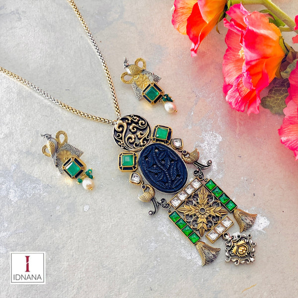CARVED BLACK ONYX GREEN AND WHITE KUNDAN FLORAL AND BIRD MOTIF DUAL TONE LONG NECKLACE SET
