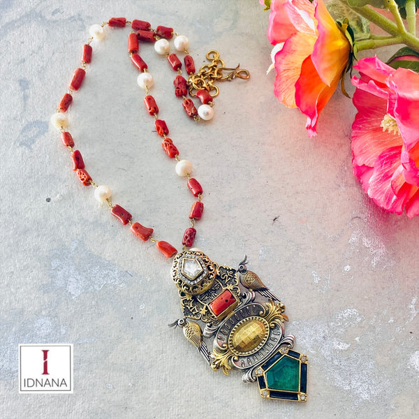 CORAL EMERALD DOUBLET BIRD MOTIF LONG MOISSANITE NECKLACE BEADED WITH PEARLS AND CORALS