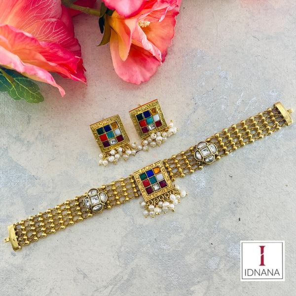 GOLD PLATED NAVARATNA KUNDAN FLORAL CHOKER SET