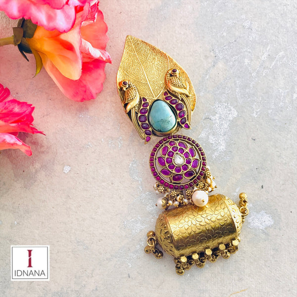 GOLD PLATED RED KEMP LOTUS TURQUOISE BIRD AND LEAF MOTIF AMULET PENDANT