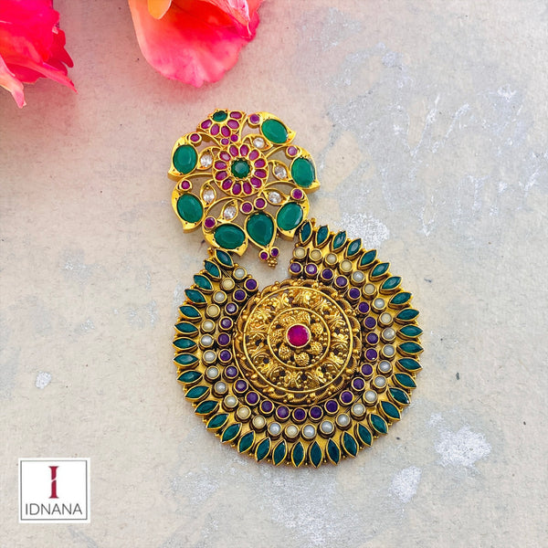 GOLD PLATED RUBY EMERALD PEARL CUBIC ZIRCONIA FLORAL MOTIF STATEMENT PENDANT