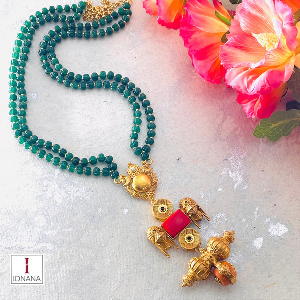 AFRICAN AND ITALIAN CORAL LINGAM MOTIF GOLD PLATED EMERALD PUMPKIN BEADED LONG NECKLACE
