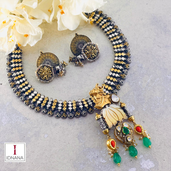 CARVED MOTHER OF PEARL LOTUS NANDI BULL EMERALD MOISSANITE CORAL GREEN ONYX DROP DUAL TONE COLLAR NECKLACE SET