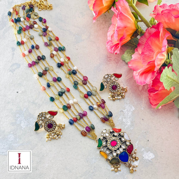 GOLD PLATED NATURAL NAVARATNA BEADED MULTILINE KUNDAN NAVARATNA FLORAL STATEMENT NECKLACE SET