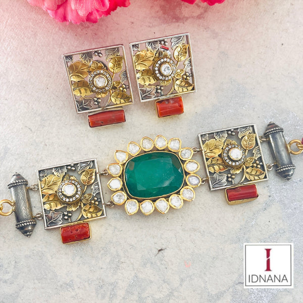 BAMBOO CORAL DUAL TONE MOISSANITE EMERALD DOUBLET FLORAL CHOKER SET