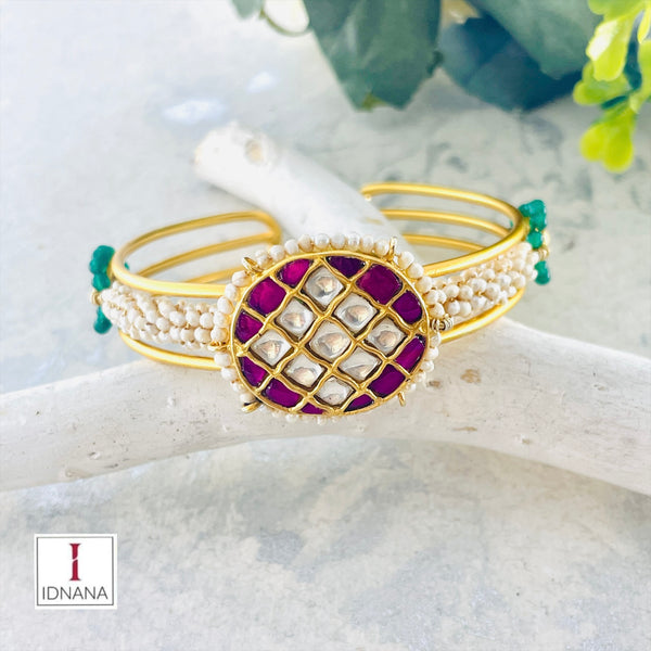 GOLD PLATED PINK WHITE KUNDAN PEARL LINED HANDCUFF