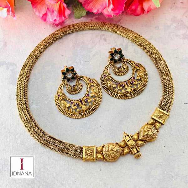 FRONT OPENING GOLD PLATED FLORAL COLLAR NECKLACE WITH GREEN PINK KUNDAN CHANDBALIS