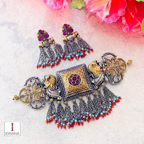 CORAL TURQUOISE DROP DUAL TONE RED KEMP NAKASH PEACOCK FLORAL CHOKER SET