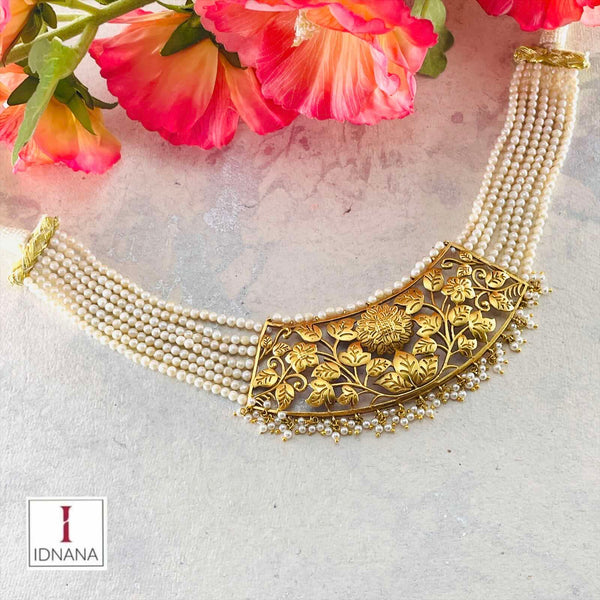 GOLD PLATED SHABEKI PEARL BEADED FLORAL DESIGN COLLAR NECKLACE