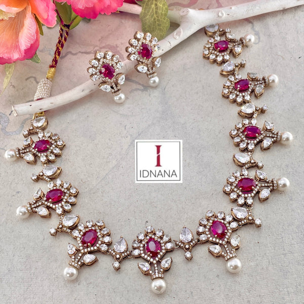 GOLD PLATED FLORAL MOTIF RUBY MOISSANITE PEARL CZ STATEMENT COLLAR NECKLACE SET