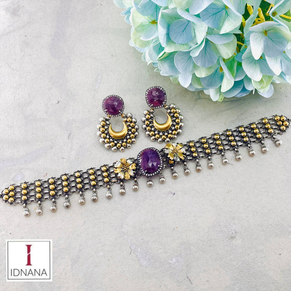 PINK SAPPHIRE FLORAL MOTIF DUAL TONE CHOKER SET