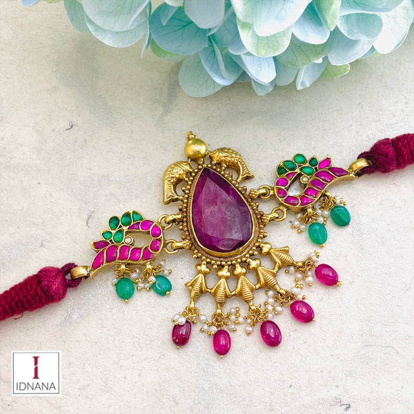 RUBY PINK GREEN KUNDAN PEACOCK MOTIF GOLD PLATED CHOKER