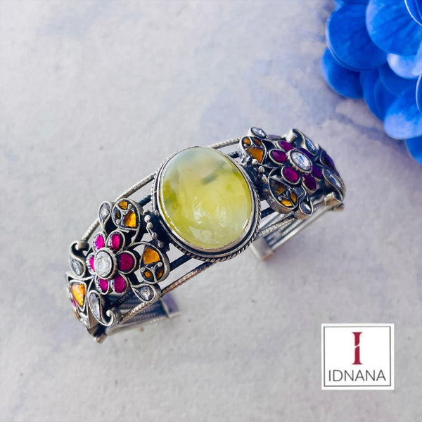 CITRINE PINK YELLOW WHITE KUNDAN FLORAL HANDCUFF